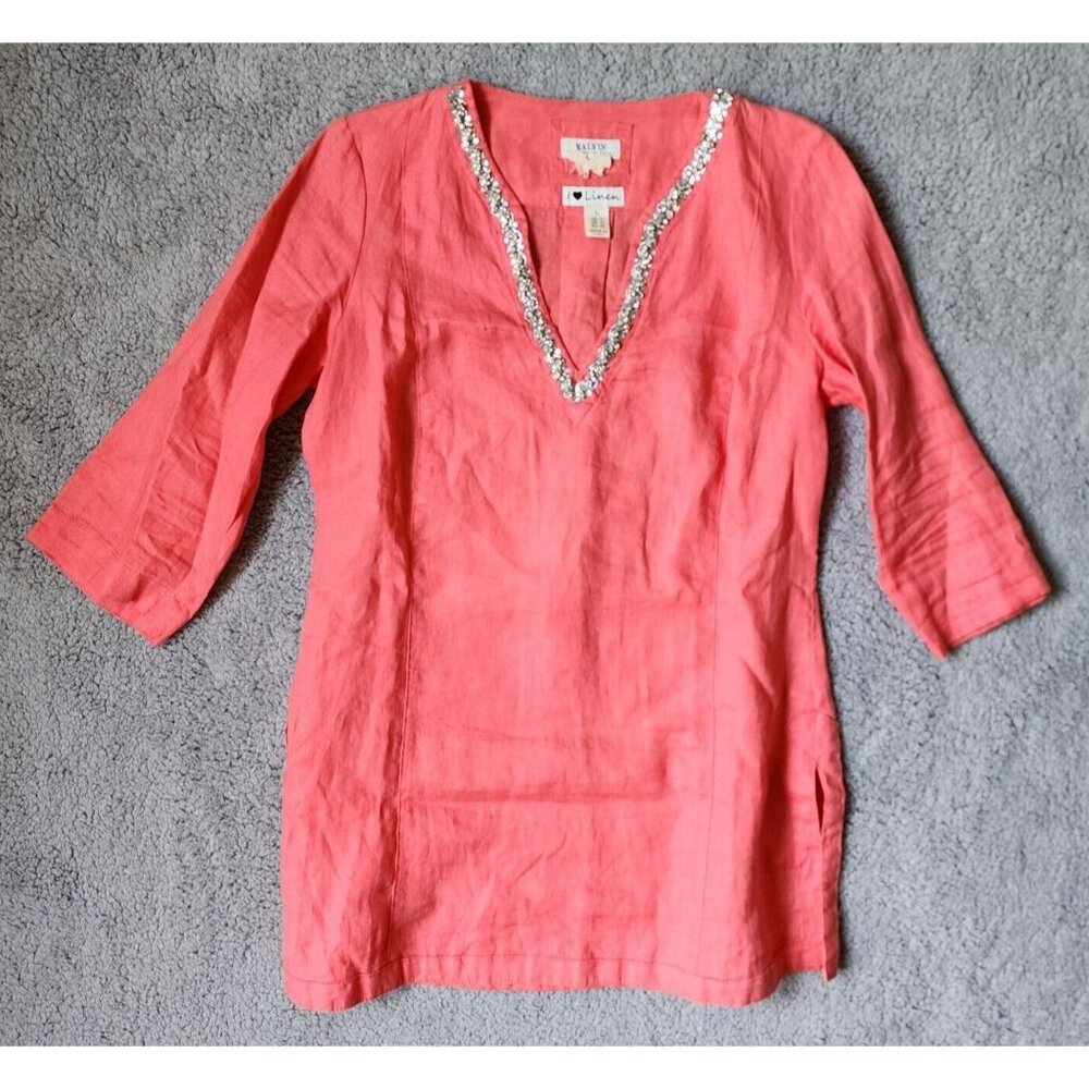 Malvin I Love Linen Women's 3/4 Sleeve Embellished V Neck Tunic Top Pink Linen L